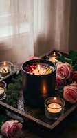 Romantic spa setting with floating candles in water bowl surrounded by pink roses and tea lights on wooden tray creating peaceful ambiance for relaxation.