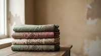 Stack of folded ethnic patterned textiles in earth tones on wooden surface near window. Traditional woven fabrics for home decor and interior design projects.