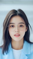 Young Asian woman wearing round glasses and light blue blazer looking directly at camera with natural makeup and confident expression. Soft lighting creates professional portrait.