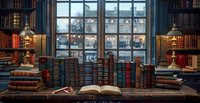 Cozy vintage library interior with stacked antique books on wooden desk, open windows revealing snowy winter scene, and warm lamp lighting.