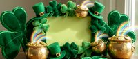 St. Patrick's Day celebration frame with golden pots, green shamrocks and leprechaun hats on pale yellow background. Perfect for holiday greeting cards and festive designs.