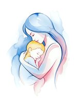 Watercolor mother holding sleeping baby in tender embrace with soft blue and pink tones on white background for motherhood designs.