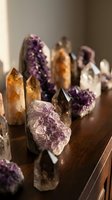 Collection of healing crystals and gemstones including amethyst and citrine arranged on wooden surface for spiritual wellness and meditation practices.