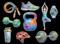 Fitness clipart set with kettlebell, dumbbells, barbell, jump rope, sneaker, yoga pose, smartwatch, shaker, and helmet, isolated on transparent background, for t-shirts and print on demand.