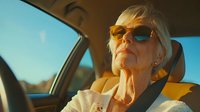 Senior Caucasian woman with blonde hair wearing sunglasses sitting in car passenger seat during golden hour sunset road trip adventure lifestyle moment.