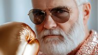 Senior Caucasian man with white beard and aviator sunglasses looking at golden and rose gold glitter decorative elements in warm atmospheric lighting.