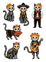 Day of the Dead skeleton cats and musician character isolated on white background, ready for clipart, t-shirt design, and festive decoration projects.