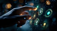 Hand touching digital cryptocurrency symbols with glowing bitcoin icons floating in dark space amid sparkles and bokeh lights creating futuristic financial atmosphere.