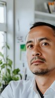 Asian male professional in white shirt looking thoughtfully upward in modern office setting with natural light and plants. Contemplative expression conveys leadership and vision.
