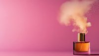 Luxury perfume bottle with aromatic smoke rising against pink background, creating elegant atmosphere for cosmetic and fragrance advertising.