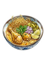 Asian noodle soup bowl with chicken, vegetables and lime garnish. Isolated on white background, ready for menu design, food packaging and culinary illustrations.