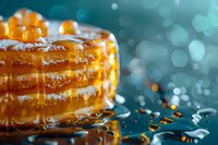 Delicious layered honey cake with caramel drips and orange kumquat decoration on glass cake stand against blurred turquoise bokeh background, perfect for culinary design.