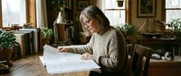 Young blonde woman in cozy sweater reading documents at wooden table in bright home office with plants and warm natural lighting.