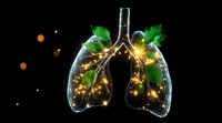 Glowing anatomical lungs with green leaves and sparkling lights against black background, representing health and nature connection. Medical wellness concept.