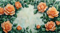 Peach roses and green leaves frame arrangement on soft pastel background. Floral border design with blooming flowers and foliage creates romantic composition.