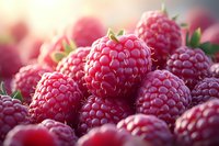 Fresh ripe red raspberries with green leaves in soft natural lighting for healthy eating and organic food concepts.