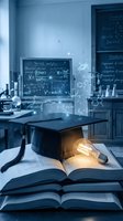 Graduation cap on open books with glowing light bulb and floating mathematical formulas in classroom setting representing academic achievement and knowledge.