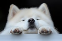 Sleepy white Samoyed puppy with closed eyes and paws resting on white surface against black background, conveying peace and innocence.