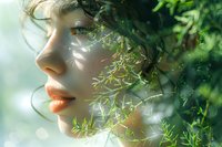 Young Asian woman profile with coral lips among green foliage in soft sunlight, dreamy atmosphere with bokeh effect creates ethereal spring portrait.