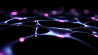 Abstract digital network with glowing purple nodes and flowing data connections on dark background for technology and communication concepts.