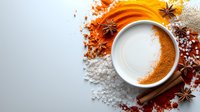 Aromatic spices scattered around white ceramic bowl with turmeric powder, sea salt crystals, star anise and cinnamon sticks on light background. Food photography.