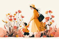 Asian mother and child walking together through blooming poppies field, artistic illustration in warm orange and coral tones perfect for family-themed designs and motherhood concepts.