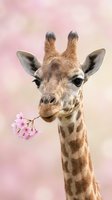Giraffe with spotted coat eating pink flowers against soft blurred background. Wildlife animal portrait suitable for nursery decor, children's books, and nature-themed designs.