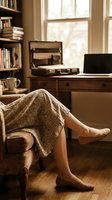 Woman relaxing in cozy home office with vintage suitcase, laptop, and bookshelves by window for remote work and lifestyle concepts.
