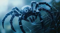 Dark metallic spider robot with glowing eyes on spider web against blurred blue background, futuristic mechanical arachnid design for technology concepts.