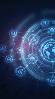 Global network technology infrastructure with interconnected digital icons representing data exchange, cloud computing, and worldwide communication systems on dark background.