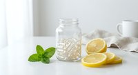 Fresh lemon slices with mint leaves and glass jar on white kitchen counter for healthy detox water preparation and natural wellness lifestyle.