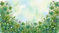 Watercolor shamrock border with green clovers and wildflowers on soft pastel background, perfect for St. Patricks Day cards and spring designs.