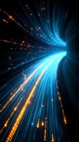 Dynamic light trails in blue and orange create futuristic tunnel effect against dark background, suggesting high-speed data transfer and digital connectivity.
