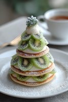 Creative Christmas tree dessert made with stacked pancakes and fresh kiwi slices, dusted with powdered sugar, served with tea for holiday breakfast.