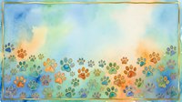 Watercolor illustration of colorful animal paw prints in orange, blue, green and yellow scattered across soft gradient background, suitable for pet-related designs and children's projects.