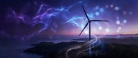 Wind turbine generating clean energy under dramatic purple sky with lightning and bokeh lights creating futuristic renewable power landscape at dusk.