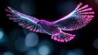 Glowing digital bird silhouette with particle effect wings in pink and blue neon colors against dark background, modern technology concept visualization.