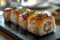 Grilled sushi rolls topped with creamy sauce and fresh herbs served on black slate plate, macro shot with selective focus showing texture and glaze.