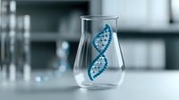 Glowing blue DNA helix structure floating inside clear glass laboratory beaker against blurred scientific background, molecular biology research concept.