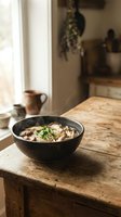 Rustic mushroom soup in dark bowl on wooden table with herbs garnish in cozy farmhouse kitchen setting with natural window light and vintage decor.