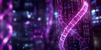 Glowing DNA helix structure with digital matrix code in purple and blue tones against dark background, representing genetic technology and bioinformatics research.