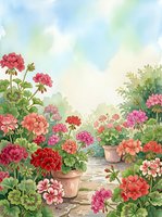 Watercolor garden scene with blooming geraniums in terracotta pots along a stone path, soft pastel sky, lush green foliage, pink and red flowers.