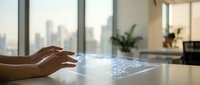 Hands interacting with futuristic holographic interface displaying digital data and light effects in modern office environment with city skyline view.
