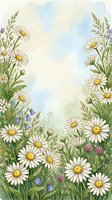 Watercolor wildflower border with white daisies, clover, and bluebells framing a soft sky background, perfect for cards and prints.