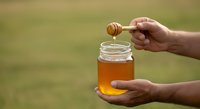 Caucasian person's hands holding open glass jar of golden honey with wooden dipper dripping into container against blurred green outdoor background for food, nutrition, and beekeeping content.