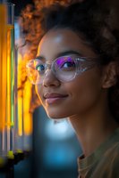 Young African American female scientist in transparent glasses smiling while examining glowing test tubes in laboratory. Orange and blue lighting creates dramatic atmosphere.