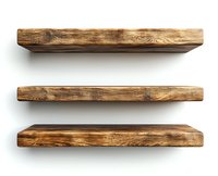 Rustic wooden floating shelves isolated on white background, featuring natural wood grain texture and distressed finish. For home decor and storage solutions.