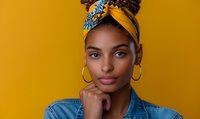 Young African American woman wearing denim jacket and yellow headscarf with traditional African print pattern poses thoughtfully against vibrant yellow background.