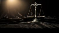 Ornate bronze scales of justice on dark wooden surface with dramatic lighting for legal and law firm presentations.