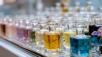 Collection of colorful perfume bottles in various shades displayed on glass shelf, showcasing luxury fragrance assortment for cosmetic retail.